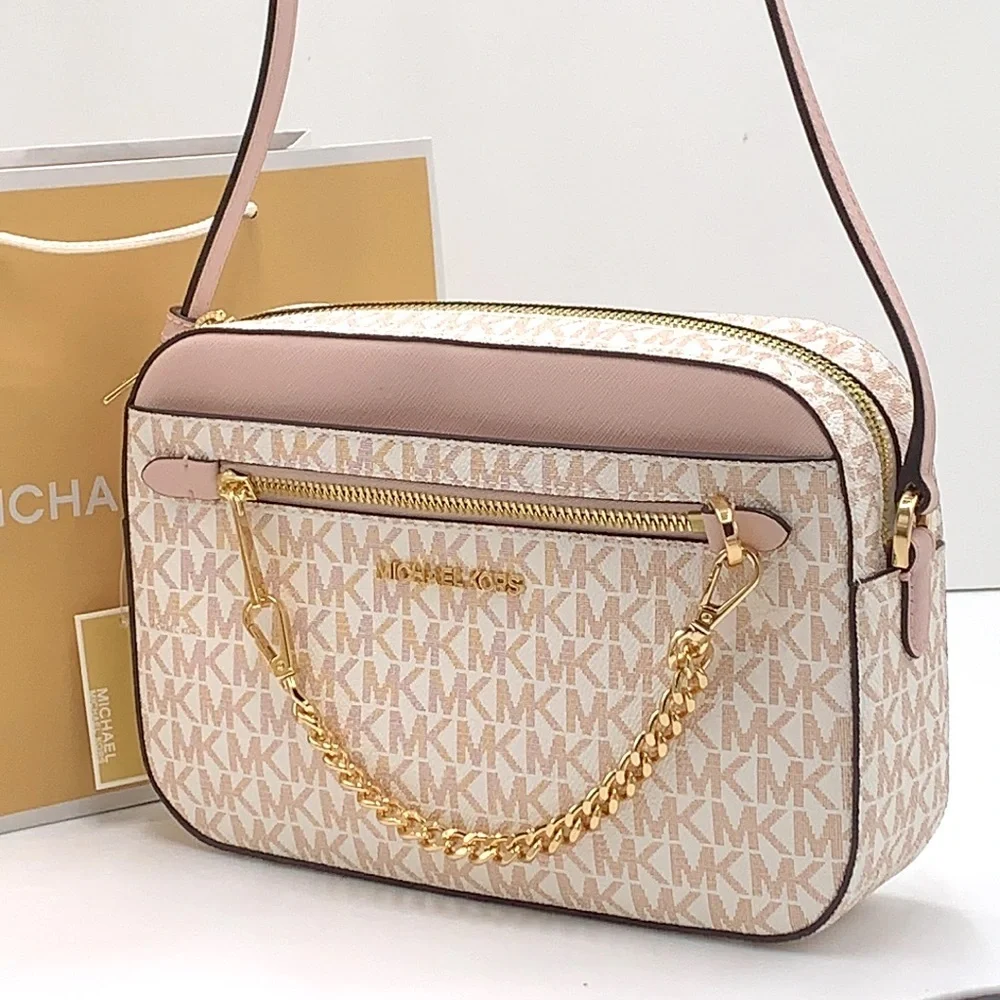 MICHAEL KORS LARGE EAST WEST ZIP CHAIN XBODY OPTIC WHITE ROSE GOLD COLOR